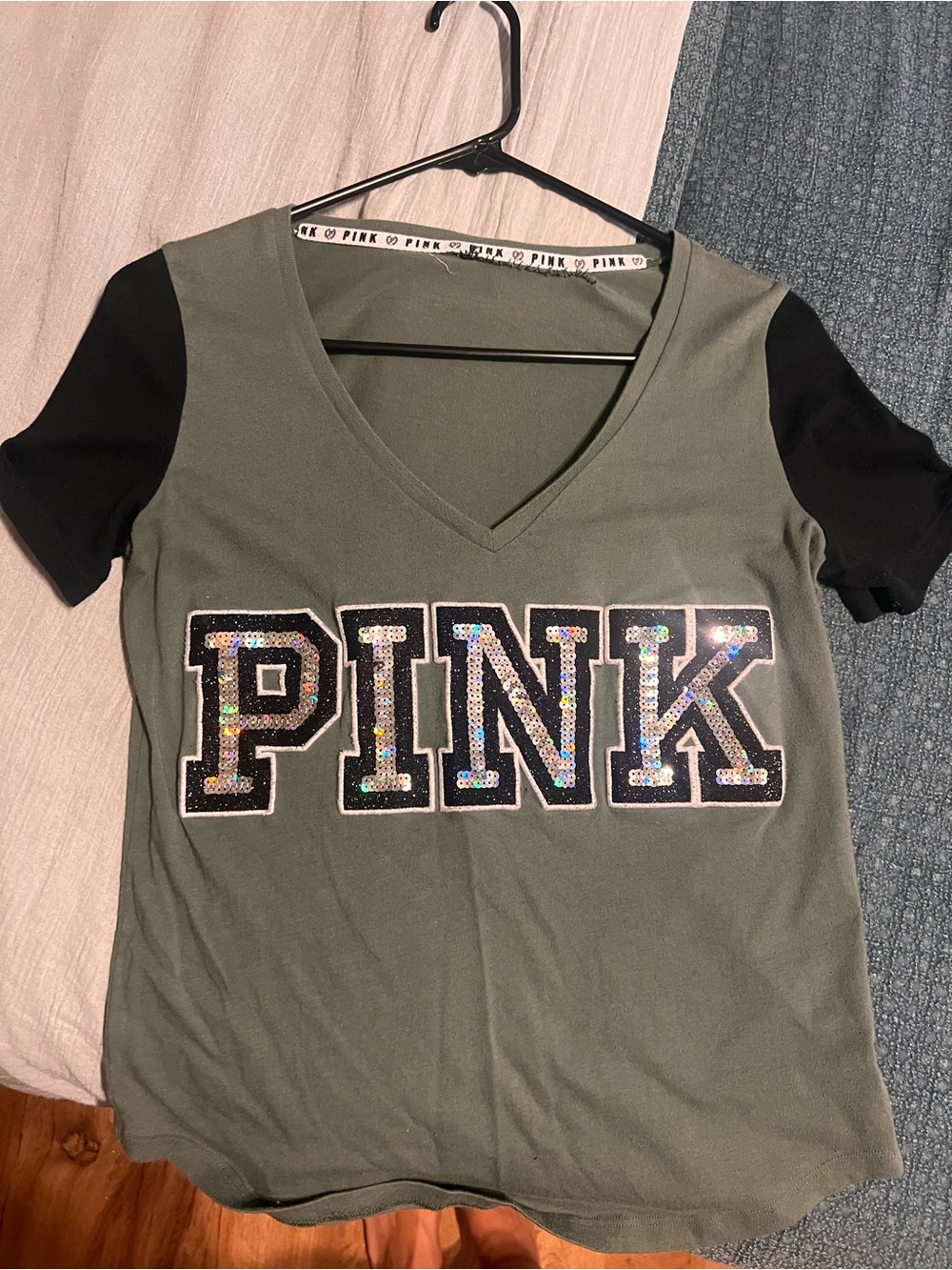 PINK Victoria's Secret Olive and Black Sequin Logo V-Neck Tee
